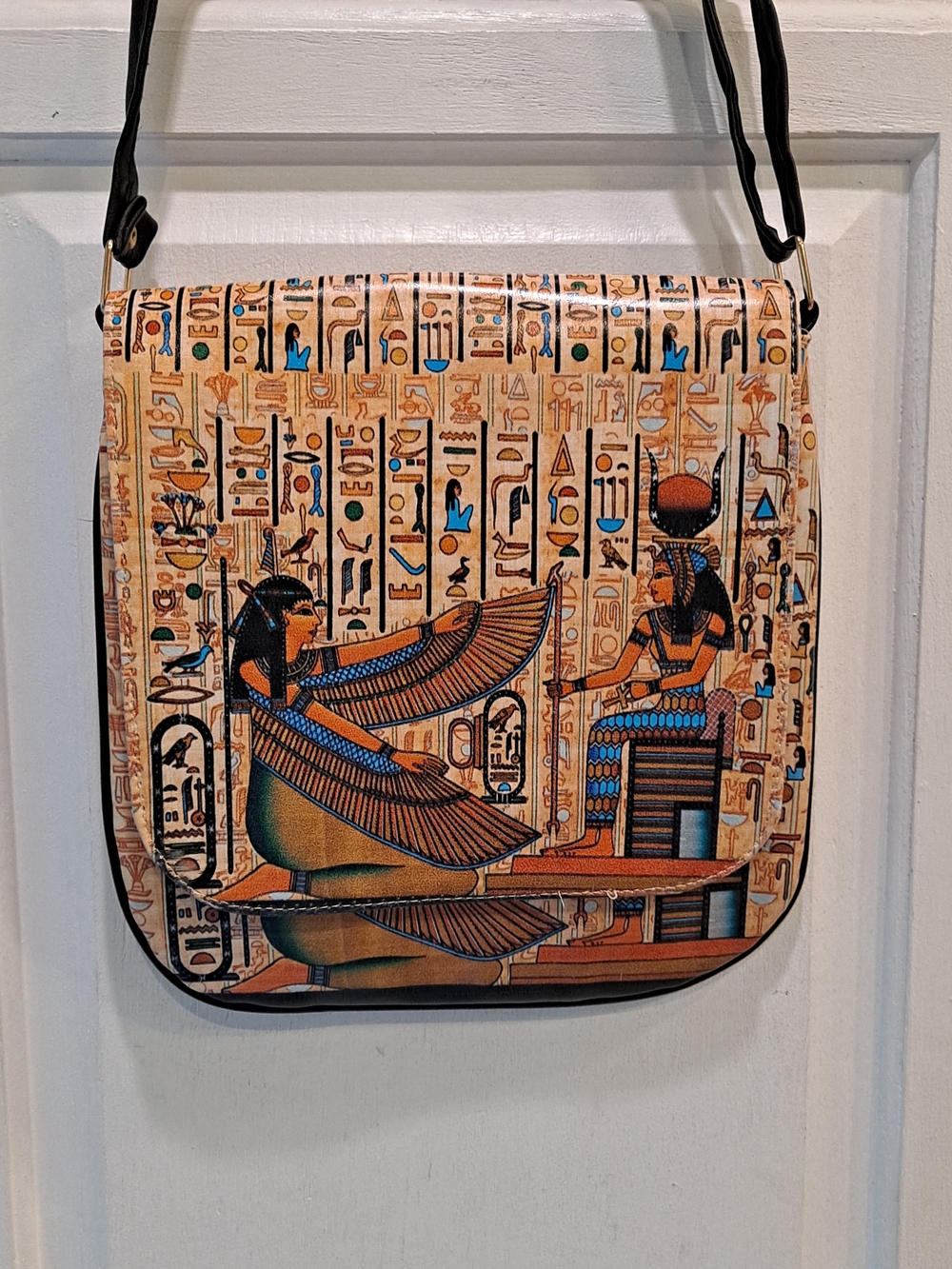 Bazaar Horus Egyptian Made Motif Crossbody Bag - Tan and Blue